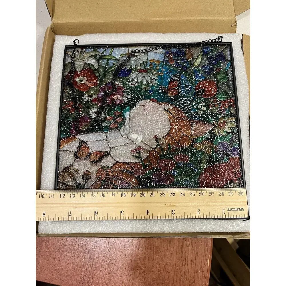 Orange Cat Stained Glass Flowers Suncatcher, Window Tabby Hanging 7 1/4”